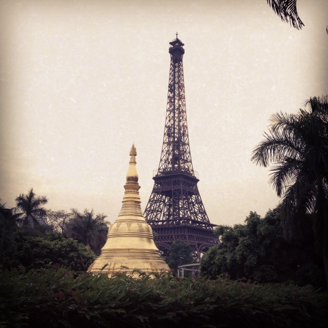 Window of the world - Shwedagon Pagoda, Myanmar next to Eiffel tower, Paris